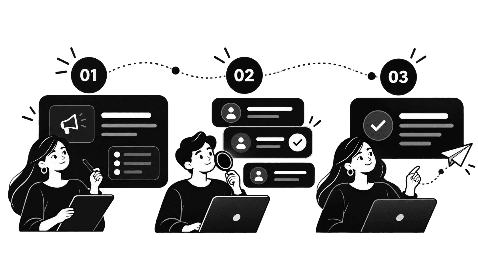 Three people carrying out the define, discover and approve steps